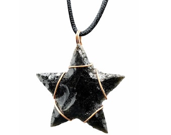 Black Obsidian Star Pendant Necklace Protection Crystal Volcanic Glass Grounding Talisman Copper Wrapped