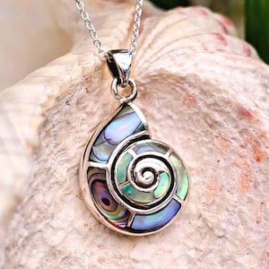 Paua Shell Nautilus Pendant Sterling Silver Abalone Ammonite Ocean Spiral Necklace Jewelry Gift Boxed