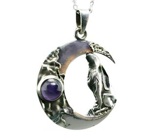 Ciondolo Lepre che osserva la luna in argento sterling con ametista, collana lunare pagana, gioiello da strega, regalo e confezione regalo