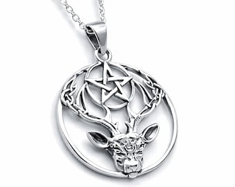 Stag And Pentacle Pendant 925 Sterling Silver 18" Chain Necklace Jewellery & Boxed