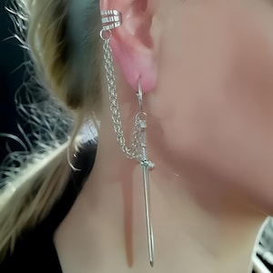 Sword Earrings Chained Cuff Edgy Statement Earrings Gothic Helix Orbital Dangle Drop Cross Cruciform Sword Dagger Goth Emo Jewellery (Bin0)
