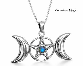 Triple Moon Necklace Moonstone Wiccan Pagan Pentagram Sterling Silver Goddess Witch Pendant