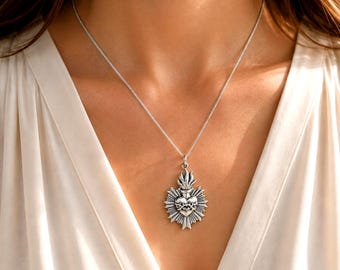 Sacred Heart of Jesus Necklace Sterling Silver Catholic Christian Pendant