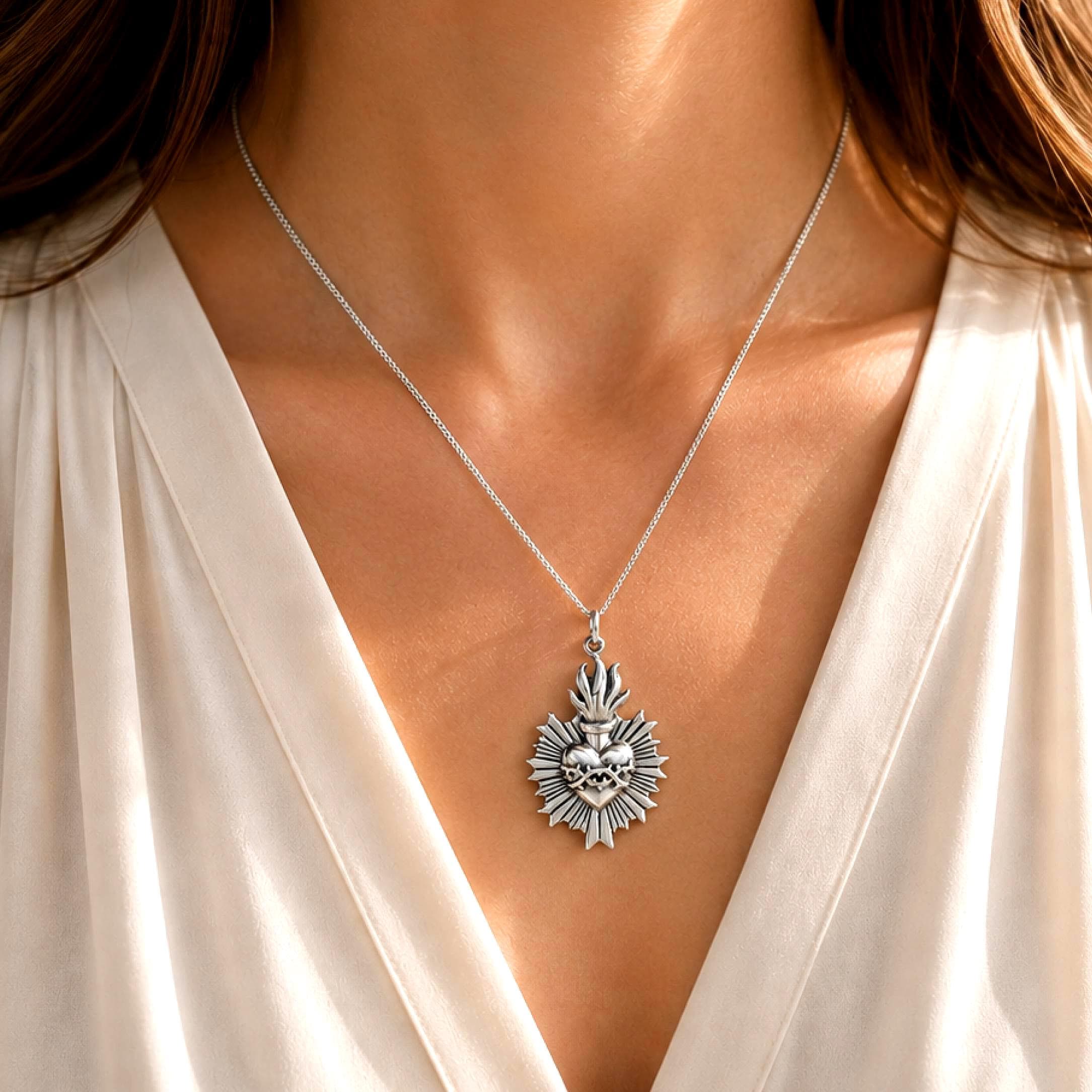 Sacred Heart of Jesus Necklace Sterling Silver Catholic Christian