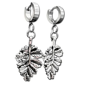 Oak Leaf Huggie Earrings Oak Charms Steel Edgy Hinged Clickers 316L Steel Twee Bohemian Alternative Ethnic Nature Unisex Jewellery (LO3)
