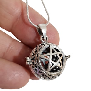 Pentagram Cage Locket Pendant Necklace 20" Snake Chain 925 Sterling Silver Large Secret Harmony Ball Talisman Amulet Pagan Wiccan (Bxs5L1)