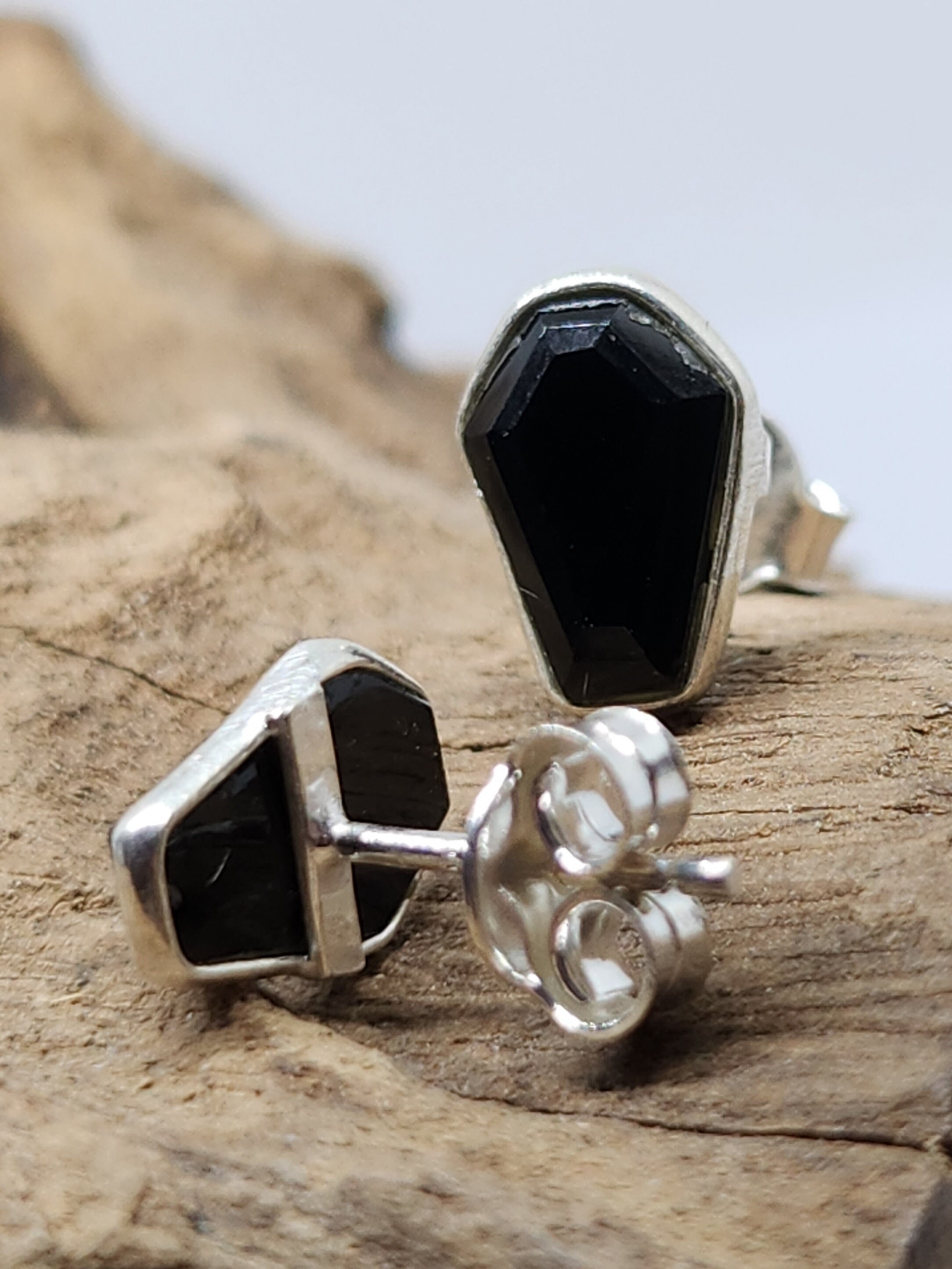 Boucles D'Oreilles Gothique Tête De Mort En Onyx Noir Et Argent 925 - Fait Main En Inde