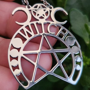 Steel Witch Pentacle Pendant Necklace Triple Moon Goddess Necklace Pendant Moons Star 20&quot; Chain Pagan Wiccan Amulet Polished Steel (drawc9)