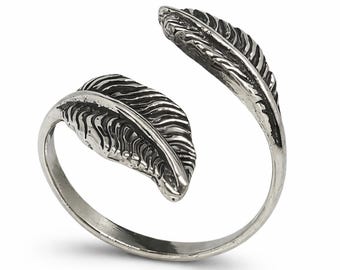Feather Ring 925 Sterling Silver Adjustable Open Band Unisex Plume Nature Jewelry