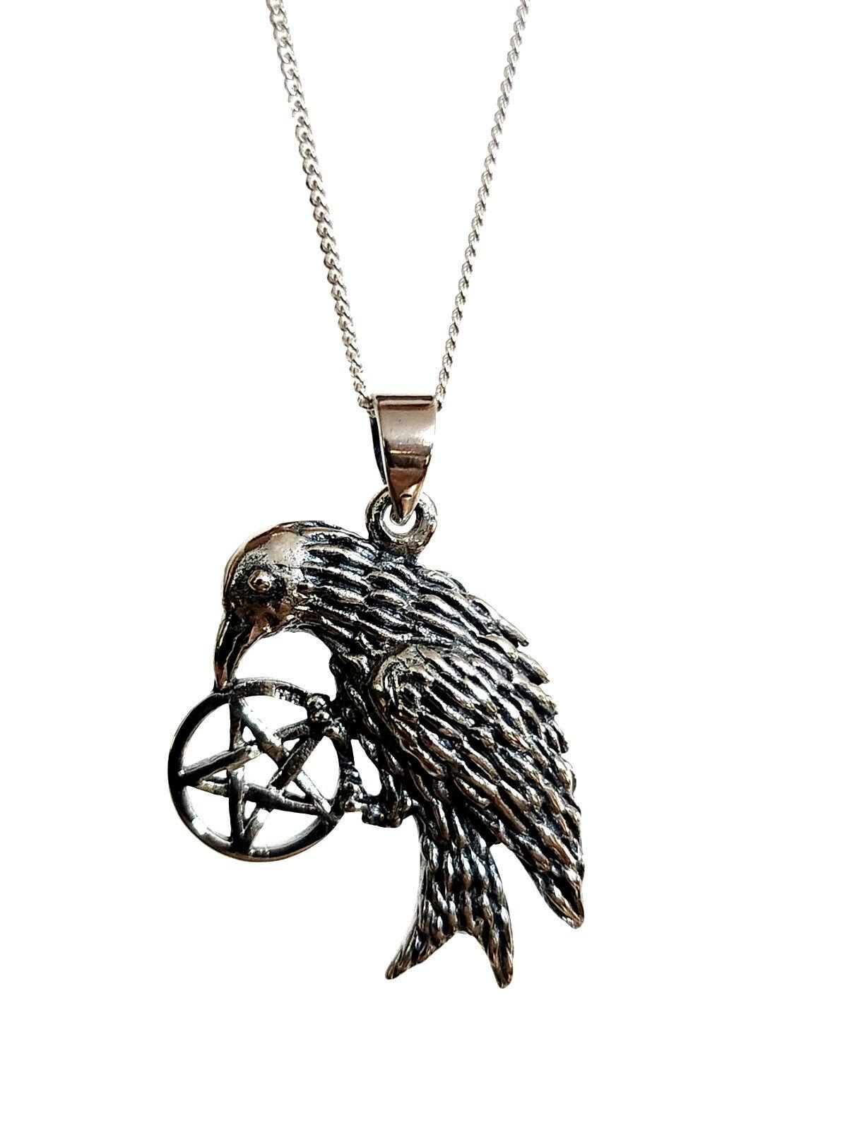 Silver Raven Pentacle Pentagram Pendant Wiccan Pagan Symbol