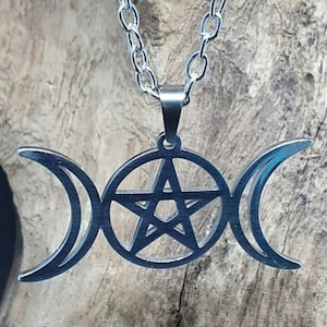 Triple Moon Pentacle Pendant Pentagram 18&quot; Chain Necklace Spiritual Esoteric Ethnic Stainless Steel Wiccan Witch Pagan Jewellery & Box (loc)