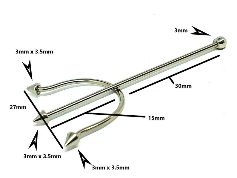 May include: Silver trident body jewelry with three pointed prongs. The jewelry is 30 mm long and has a 3 mm ball on the end. The prongs are 3 mm x 3.5 mm.