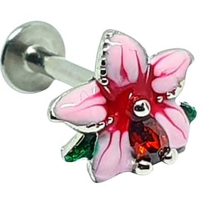 Flower Piercing Tragus Helix Labret Enamelled Hibiscus 16g (1.2mm) Red CZ Stone Body Jewellery