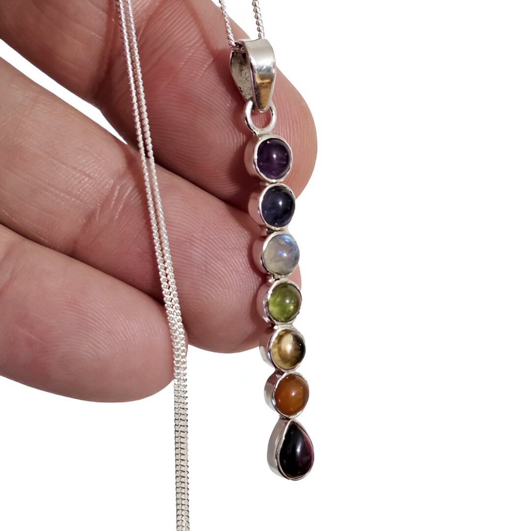 Seven Chakra Pendant Necklace 925 Sterling Silver Quality Gemstone 20