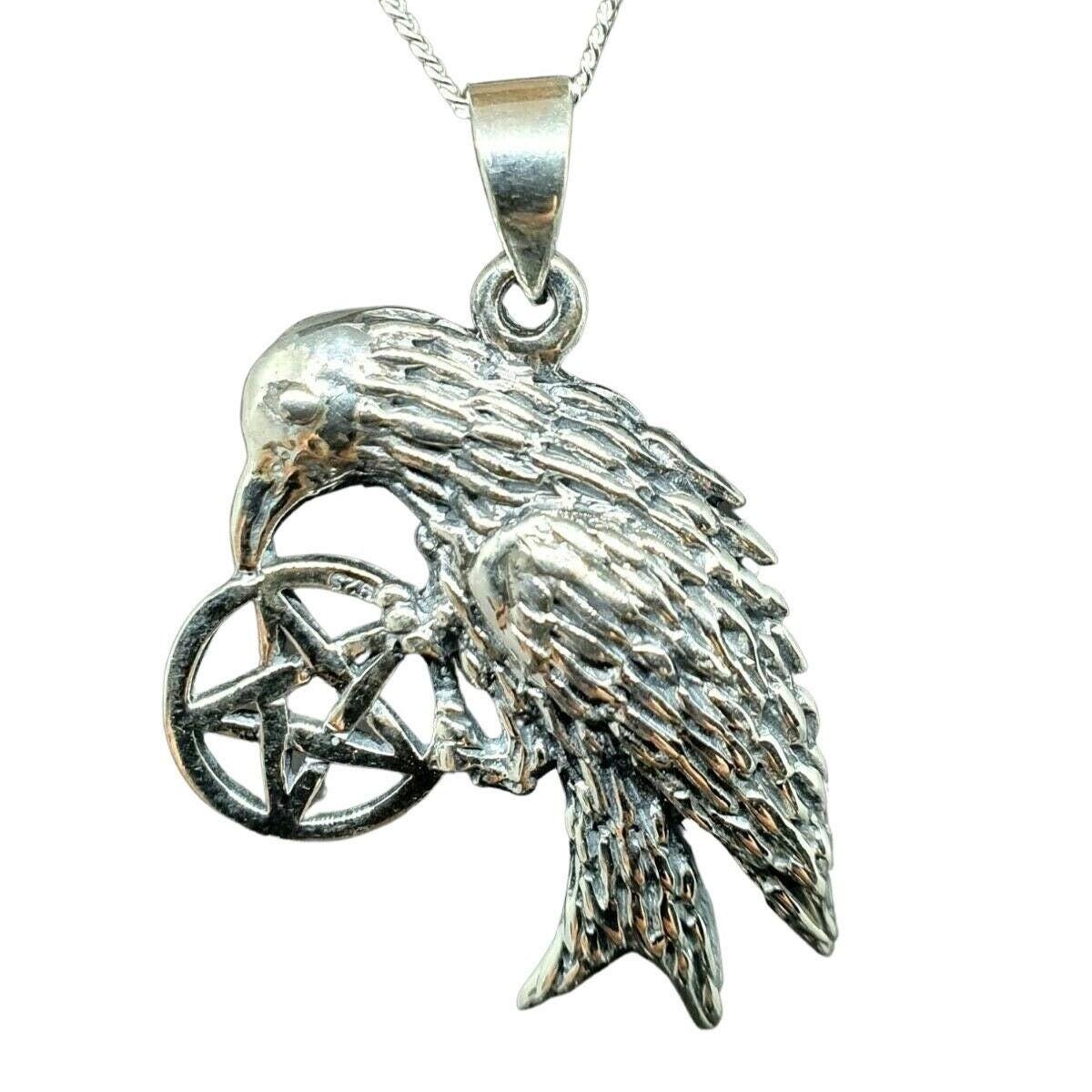 Raven Pendant Necklace Crow Holding a Pentacle Pentagram