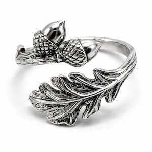 Oak Leaf Ring Acorn Adjustable Sterling Silver Woodland Nature Forest Botanical Cottagecore Gift & Box