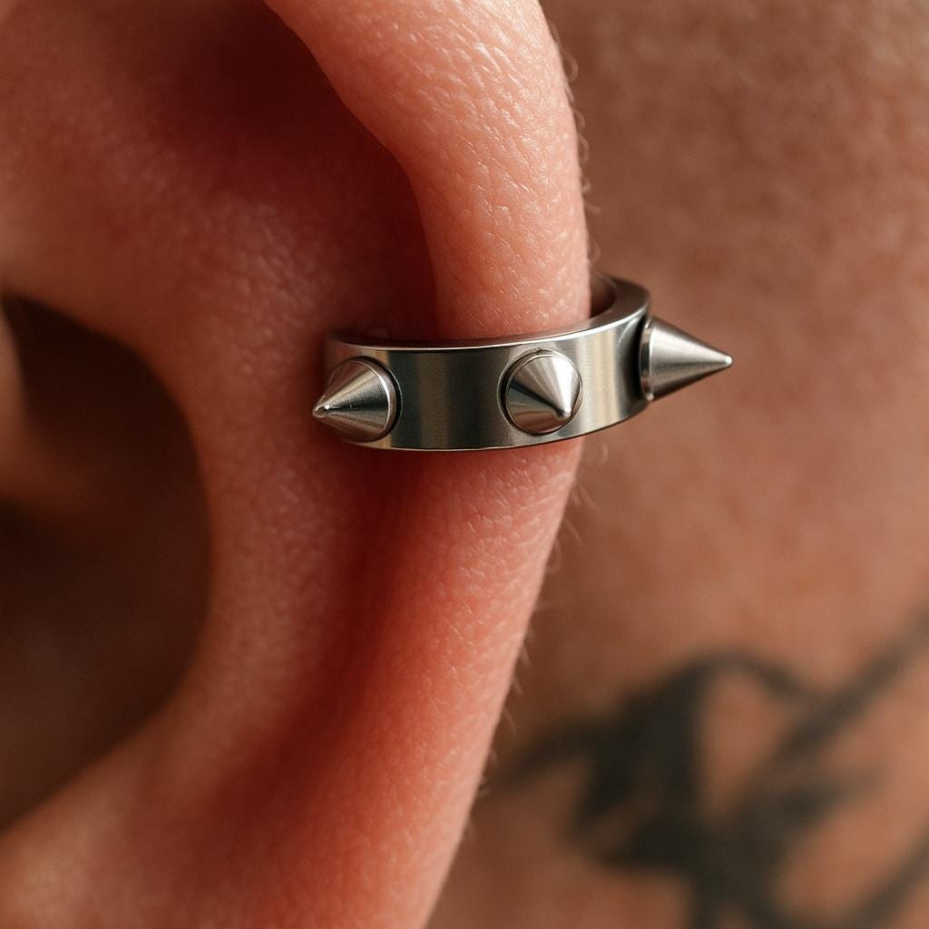 Spike Ear Cuff Steel Edgy Hinged Cuff 6 Spike Hoop Lip
