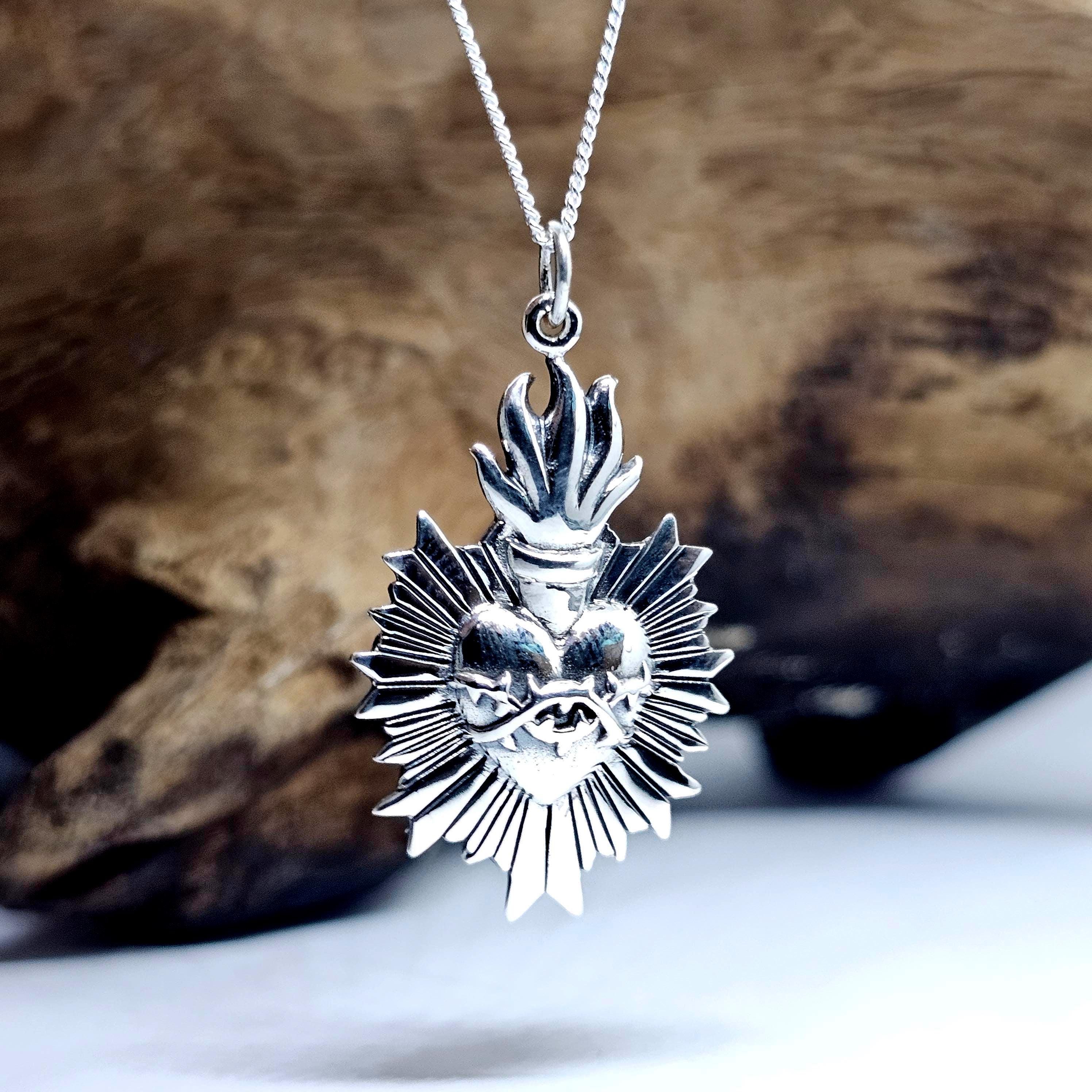 Sterling Silver Sacred Heart Charm Pendant Necklace – 925, Curb Chain, Religious
