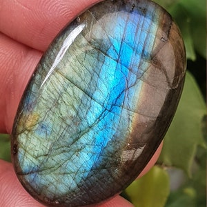 Può includere: Una pietra preziosa di labradorite di forma ovale liscia con un bagliore iridescente blu e verde. La pietra è lucidata e ha un colore di base grigio scuro.