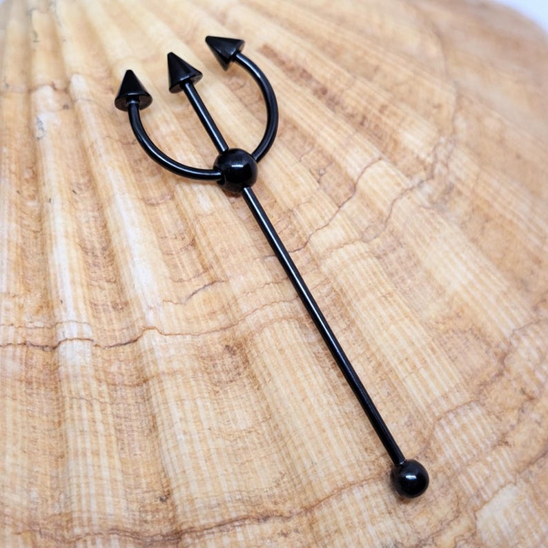 Black Trident Scaffold Piercing Fork Earring Industrial 14g (1.6mm) 316L Steel Statement Body Jewellery image 3