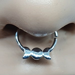 Triple Moon Nose Ring Piercing 10mm Hoop 20g (0.8mm) Moon Phase Pagan Wiccan Annealed Steel Septum Piercing Sterling Silver (bs66m)