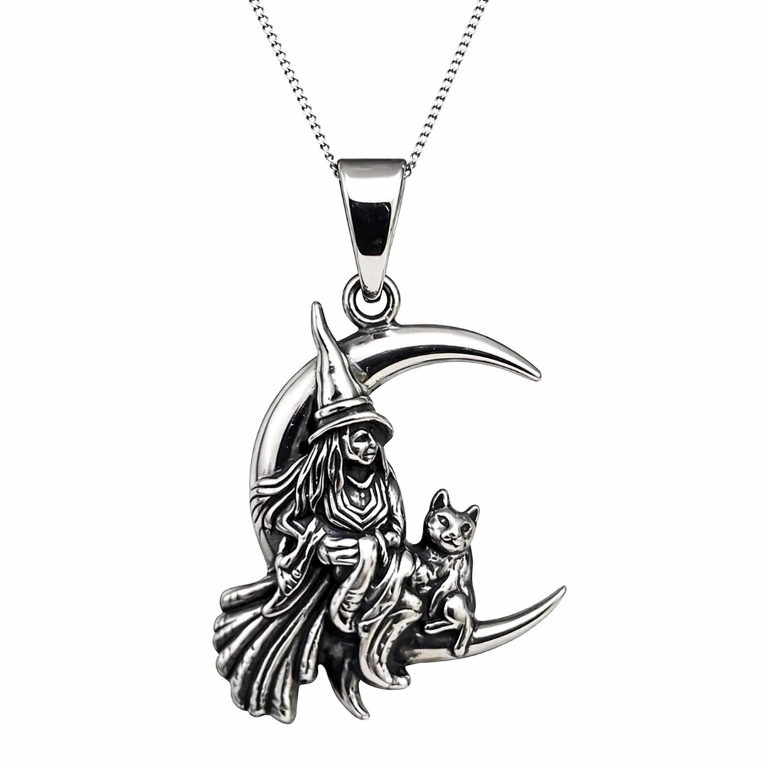 Witch & Cat Crescent Moon Pendant 20" Curb Chain Necklace 925 Silver ...