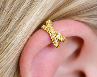 Cross Over 14k Gold Ear Cuff On 925 Silver Earring Helix Orbital Jewellery Boxed
