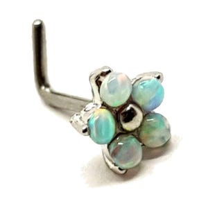 Flower Opal Nose Stud Piercing Aurora Borealis Nose Stud White Rainbows Surgical Steel 20g (0.8mm) L Bend Pin Ethnic Body Jewellery (bx4L22)