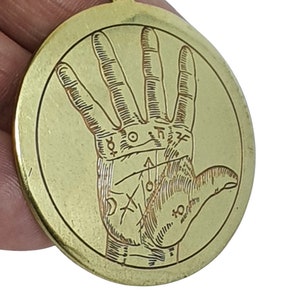 Hand Of Fortune Necklace Pendant Talisman Amulet of Good Fortune Palmistry Tarot Brass Disc Necklace Fortune Teller Prediction Amulet