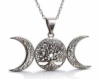 Triple Moon Tree Life Pendant Sterling Silver Triquetra Goddess Celtic Wiccan Jewellery Gift