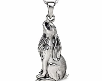 Moon Gazing Hare Pendant Necklace Rebirth Ostara Spring Hare 925 Sterling Silver Jewellery & Boxed