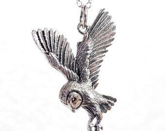 Barn Owl Pendant Necklace 925 Sterling Silver Wisdom Luck Fortune Spiritual Jewelry & Boxed