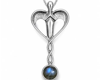 Colar com Pingente de Deusa Anjo em Labradorita e Prata 925 com Corrente de 45 cm - Joia Espiritual Feminina - Presente Perfeito