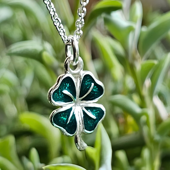 Shamrock Pendant Necklace Four Leaf Clover Lucky Green Enamelled