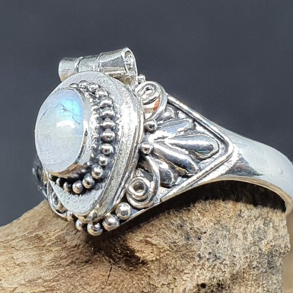 Bague médaillon Fiole empoisonnée en argent sterling Pierre de lune ovale 6 mm x 4 mm Compartiment secret Argent 925 Taille UK L/M Taille US 5/6 vintage (bs5m1)