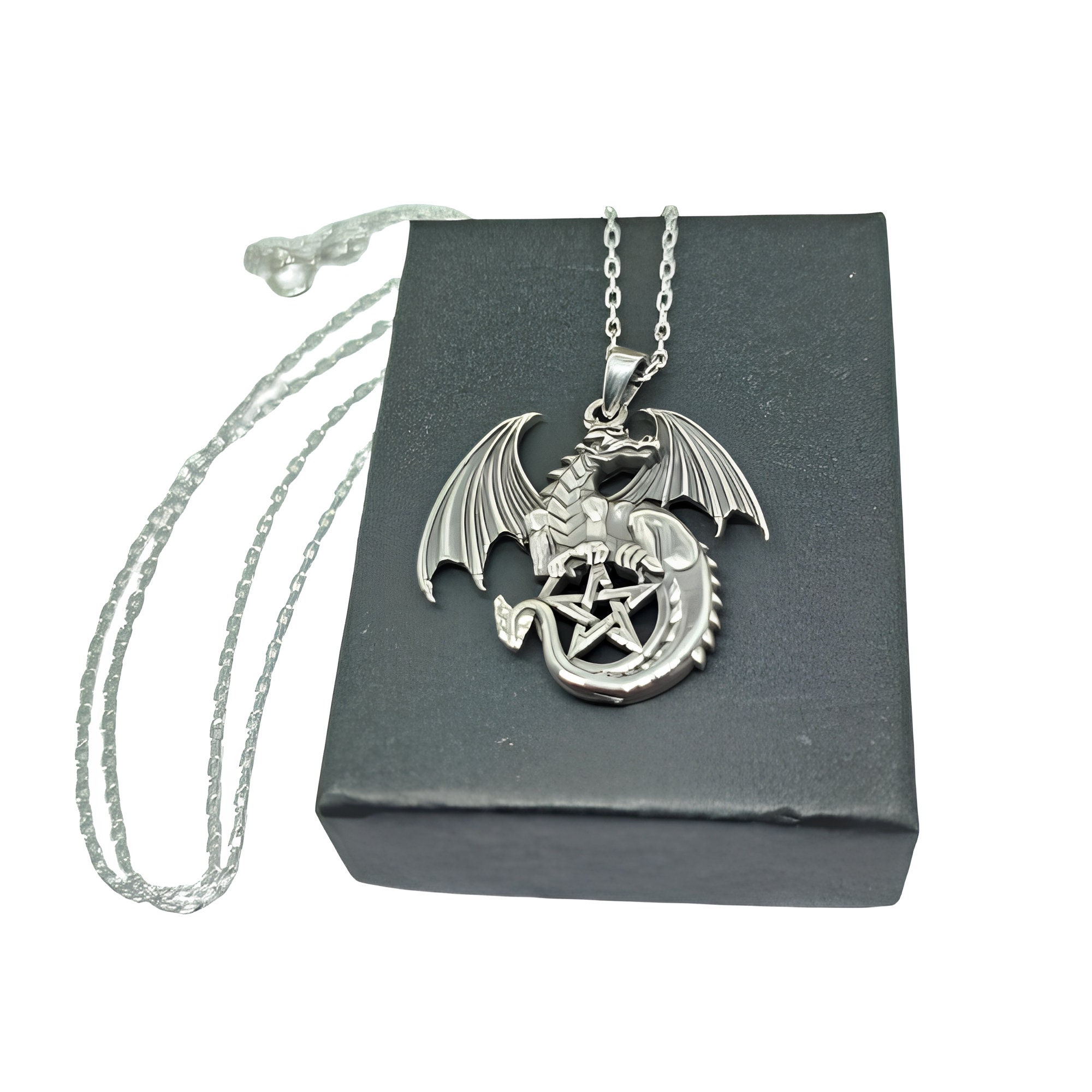 Dragon Pentacle Pendant Necklace 925 Sterling Silver 20