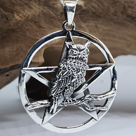 Sitting Owl with Star Pendant, Sterling Silver, Pentacle