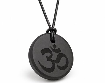 Shungite Om Namaste Pendant Natural Black Stone Necklace Meditation Adjustable Cord Genuine Crystal Gift