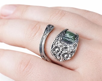Daisy Flower Cluster Spoon Ring Wrap Round Adjustable 925 Sterling Silver Plated Jewellery & Boxed