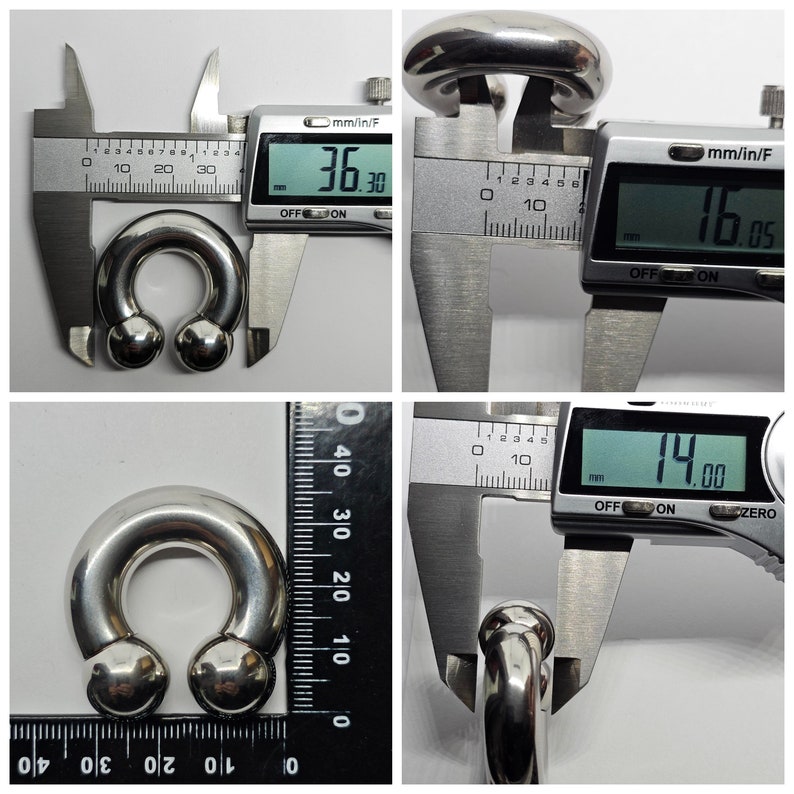 May include: A set of four images showcasing a large, polished, silver-colored horseshoe-shaped body jewelry. Measurements are displayed using digital calipers. The diameter is 1.4 cm, the width is 3.63 cm, and the ball diameter is 1.605 cm. The jewelry is designed for body piercing.