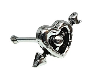 Pendiente de nariz con forma de corazón, Piercing en forma de corazón de Cupido, Flecha de amor, 22 g (0,6 mm), plata de ley 925, con extremo de bola, para amantes de la nariz, cuerpo, joyería para mujer (b7l13)