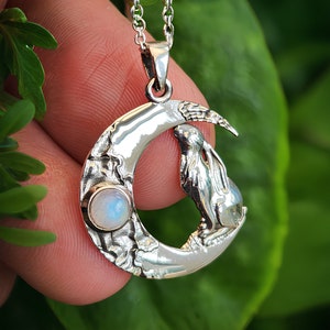 Moon Gazing Hare Pendant | 925 Sterling Silver Moonstone Necklace | Lunar Crescent Hare Jewellery | Gemstone Gift | Boxed 18&quot; Chain
