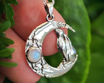 Moon Gazing Hare Pendant | 925 Sterling Silver Moonstone Necklace | Lunar Crescent Hare Jewellery | Gemstone Gift | Boxed 18&quot; Chain