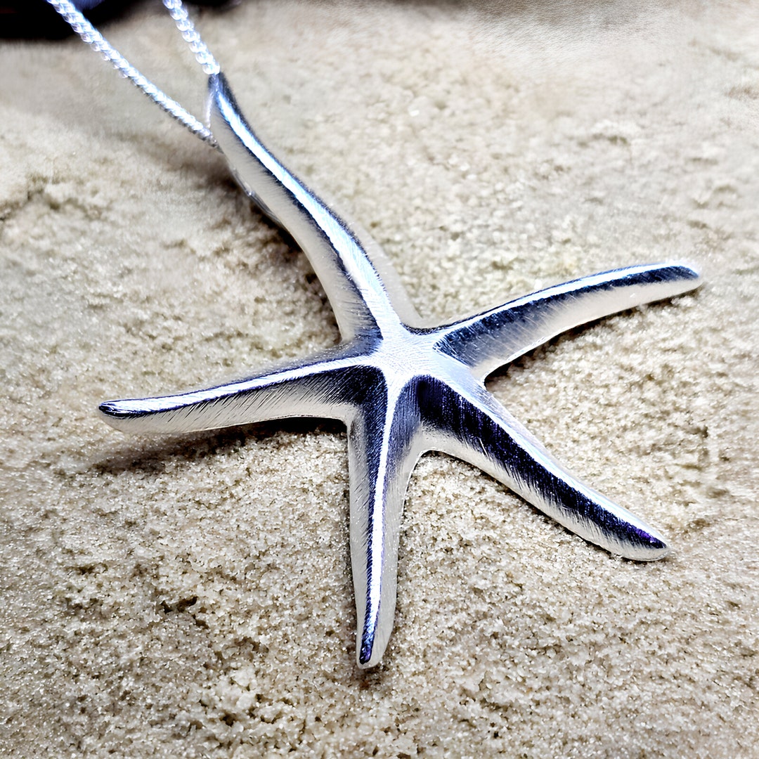 Starfish Pendant Necklace 925 Sterling Silver Large Double Sided 20 Curb Silver Necklace Chain ...