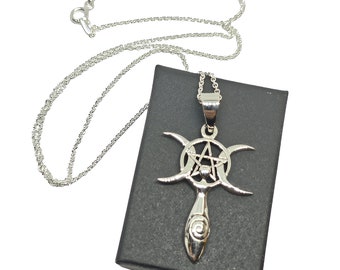 Pentacle Triple Moon Goddess Pendant Necklace Spiral Goddess