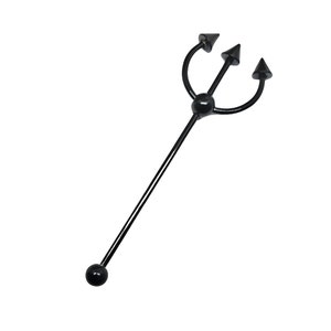 May include: Black metal body piercing with a trident design. The piercing has a ball on one end and three pointed prongs on the other end.
