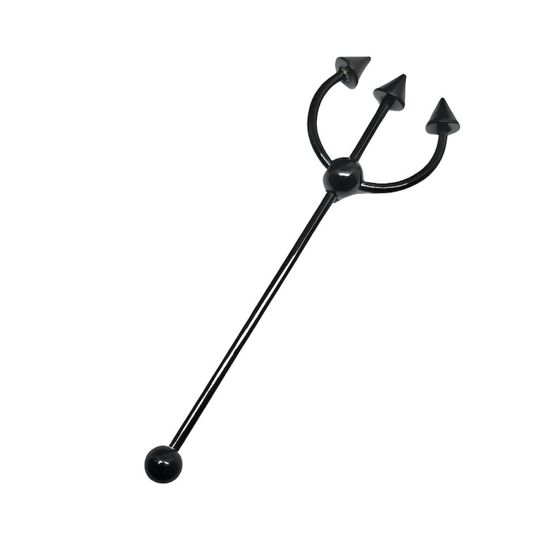 May include: Black metal body piercing with a trident design. The piercing has a ball on one end and three pointed prongs on the other end.