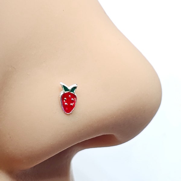 Strawberry Nose Stud Piercing 925 Silver Stud 22g (0.6.mm) 925 Sterling Silver L Bendable Uk Hand Made Red Enamel Body Jewellery (B6l2)
