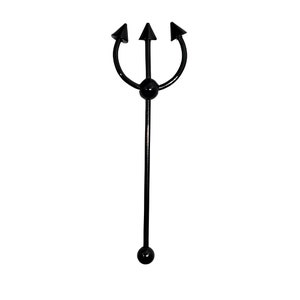 May include: Black metal trident body jewelry with three pointed tips and two black ball ends.