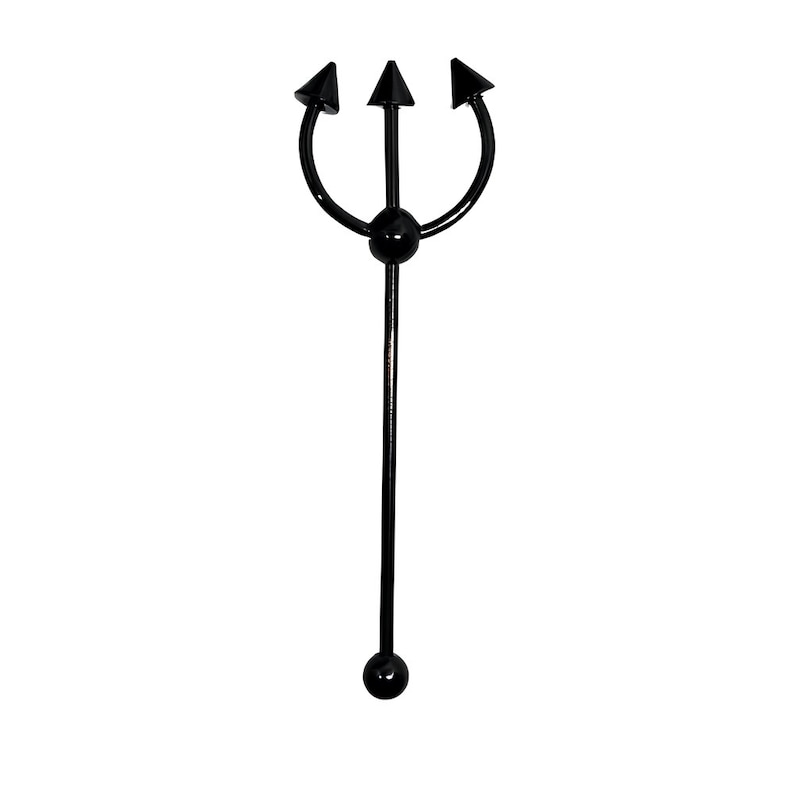 May include: Black metal trident body jewelry with three pointed tips and two black ball ends.